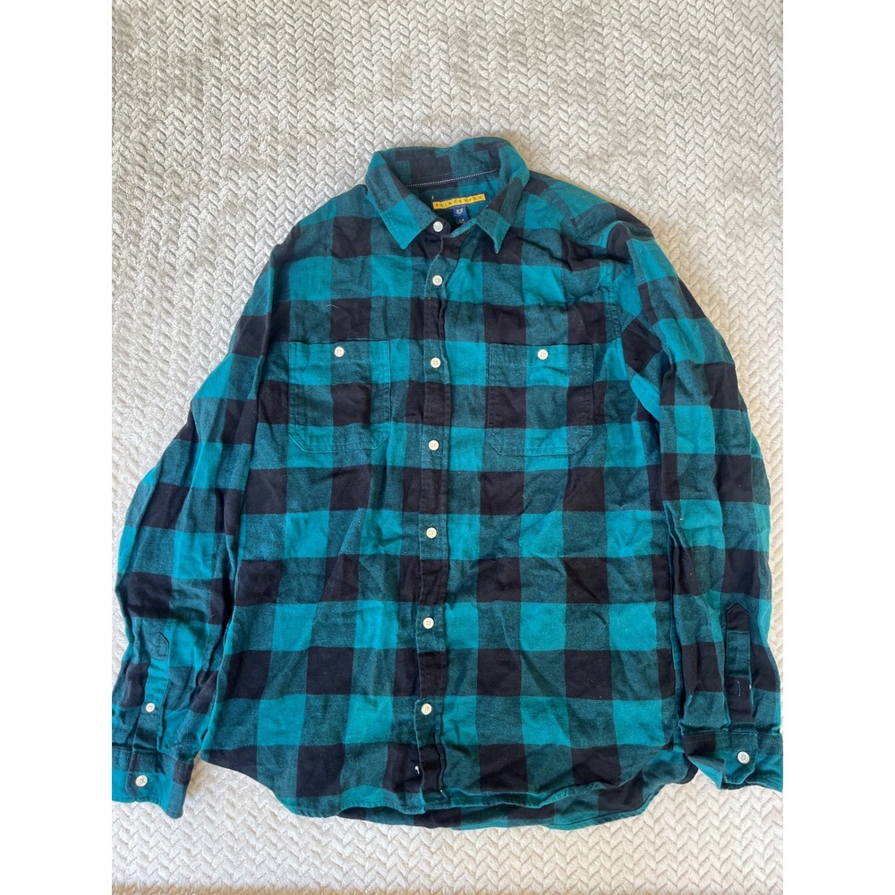Prince & Fox Mens Teal Black Buffalo Plaid Flannel Button Down Shirt Large